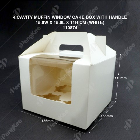 PAPER MUFFIN CAKE BOX WITH WINDOW AND HANDLE 4 CAVITY (WHITE)