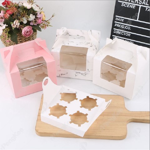 PAPER MUFFIN CAKE BOX WITH WINDOW AND HANDLE 4 CAVITY (15.6(W)*15.6(L)*11(H)CM)