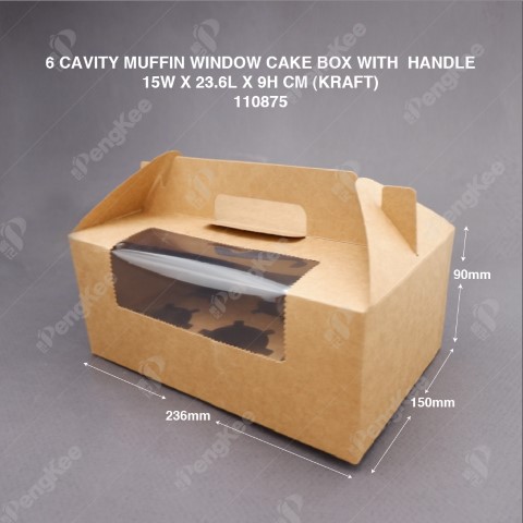 PAPER MUFFIN CAKE BOX WITH WINDOW AND HANDLE 6 CAVITY (KRAFT)