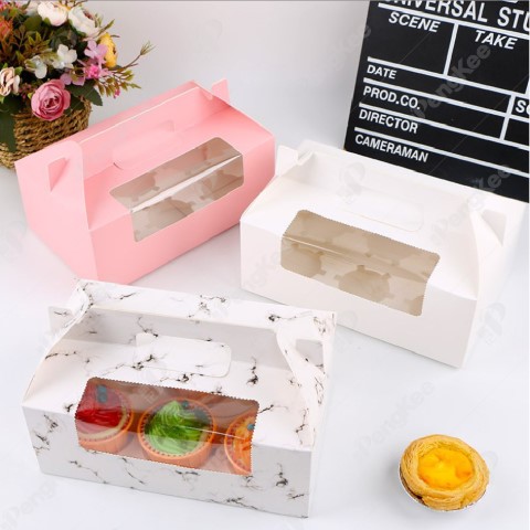 PAPER MUFFIN CAKE BOX WITH WINDOW AND HANDLE 6 CAVITY (15(W)*23.6(L)*9(H)CM)