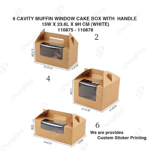 PAPER MUFFIN CAKE BOX WITH WINDOW AND HANDLE 6 CAVITY (15(W)*23.6(L)*9(H)CM)