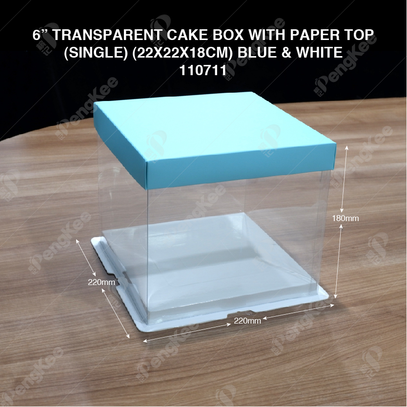 6" TRANSPARENT CAKE BOX WITH PAPER TOP(SINGLE) (22*22*18CM)- BLUE & WHITE