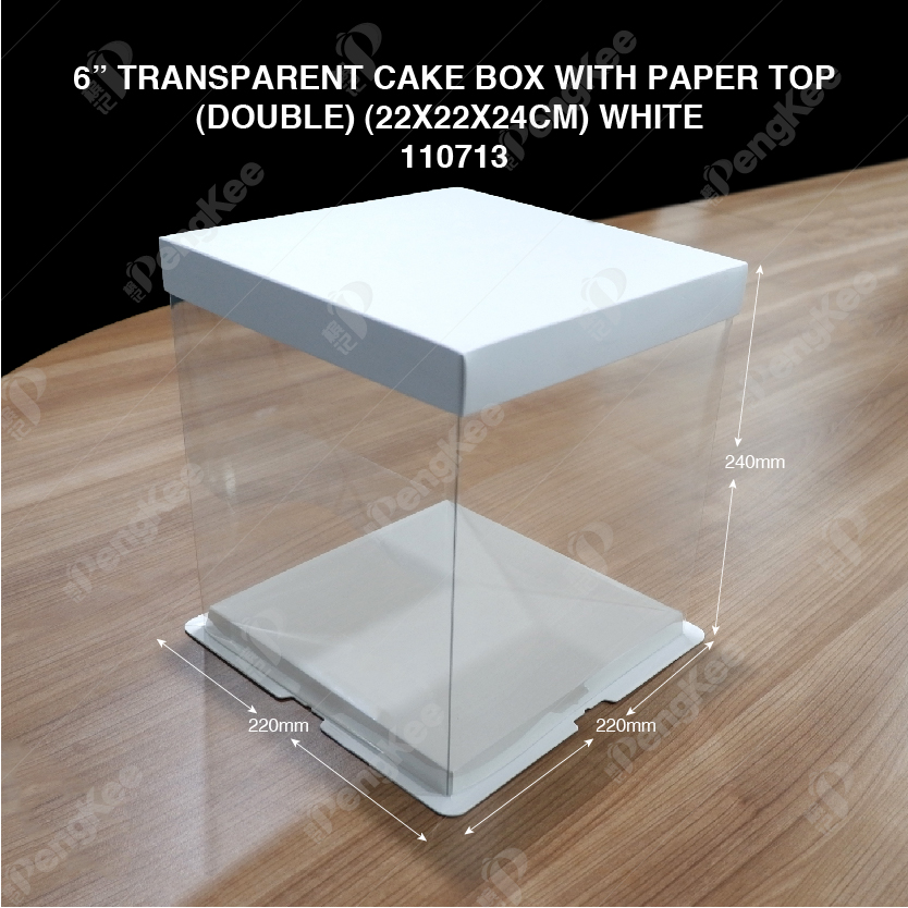 6" TRANSPARENT CAKE BOX WITH PAPER TOP(DOUBLE) (22*22*24CM)- WHITE