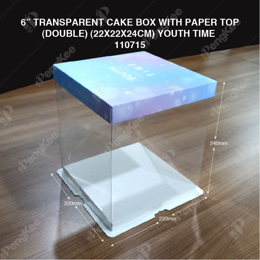 6" TRANSPARENT CAKE BOX WITH PAPER TOP(DOUBLE) (22*22*24CM)- YOUTH TIME