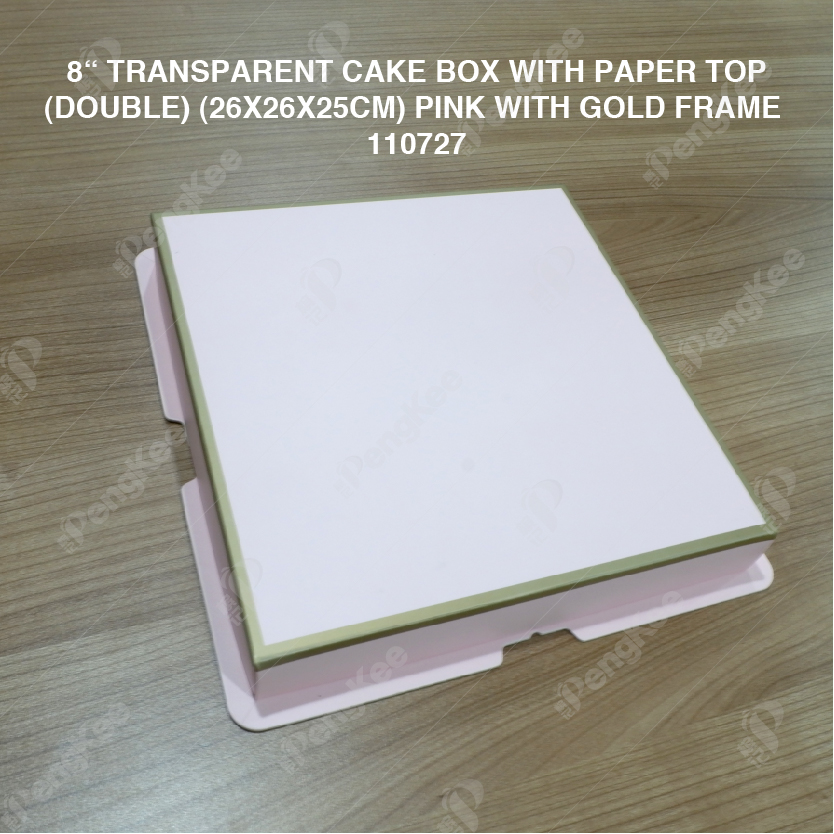 8" TRANSPARENT CAKE BOX WITH PAPER TOP(DOUBLE) (26*26*25CM)- PINK WITH GOLD FRAME