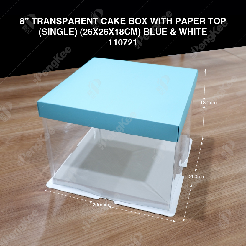 8" TRANSPARENT CAKE BOX WITH PAPER TOP(SINGLE) (26*26*18CM)- BLUE & WHITE