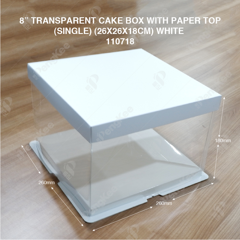 8" TRANSPARENT CAKE BOX WITH PAPER TOP(SINGLE) (26*26*18CM)- WHITE
