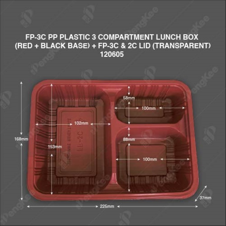 FP-3C PP PLASTIC 3 COMPARTMENT LUNCH BOX (RED+BLACK BASE) (TRANSPARENT COVER