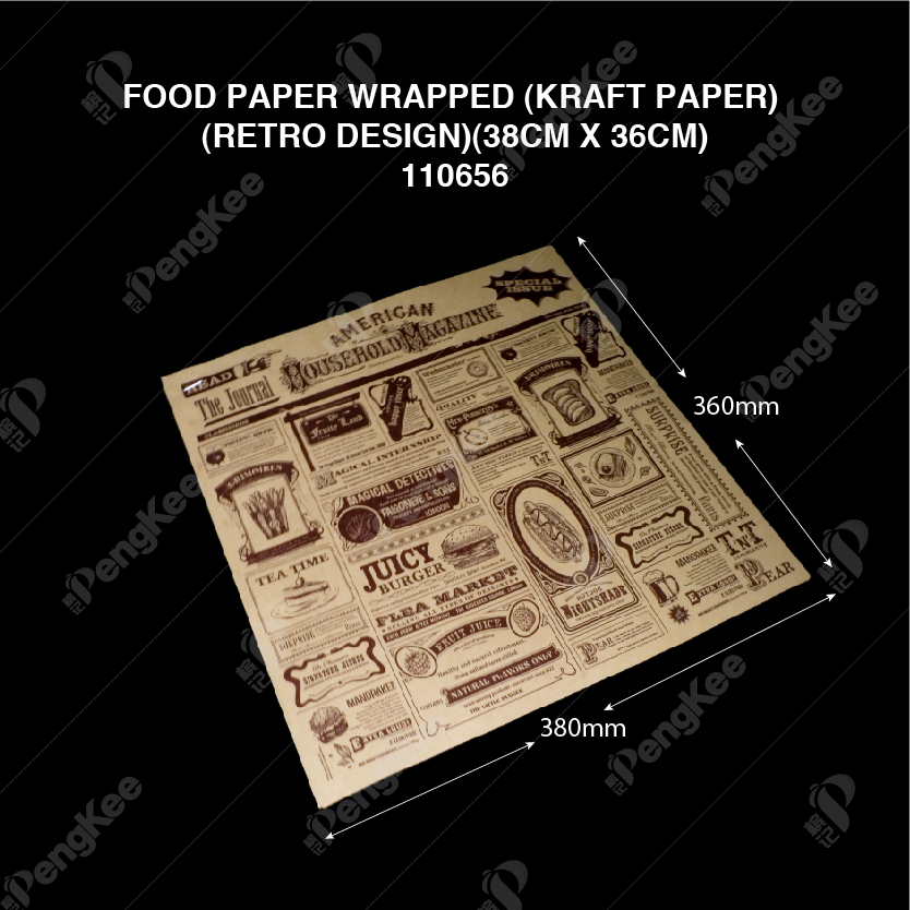 FOOD PAPER WRAPPED (KRAFT PAPER) (RETRO DESIGN) ( 38CM X 36CM ) (500'S/PKT)