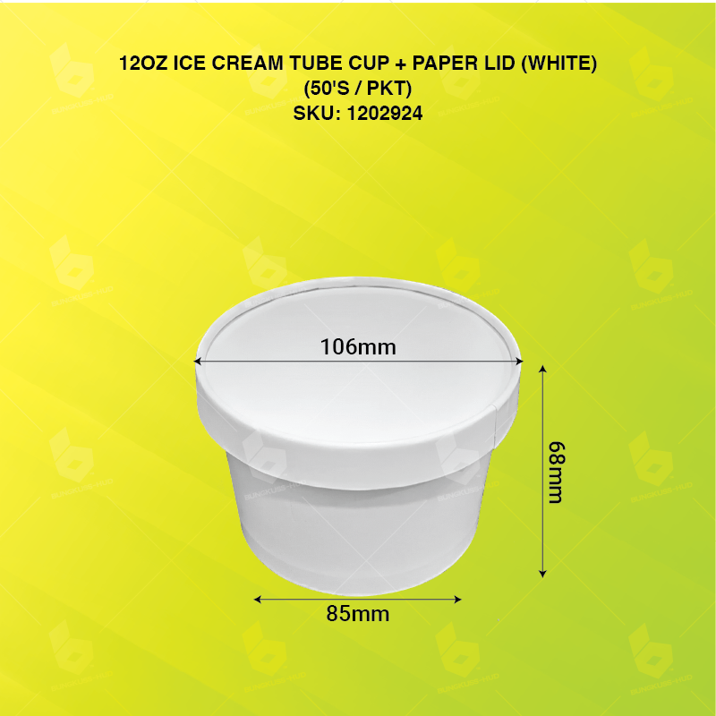 12OZ ICE CREAM TUBE CUP + PAPER LID (WHITE) (50'S X 20PKT/CTN)