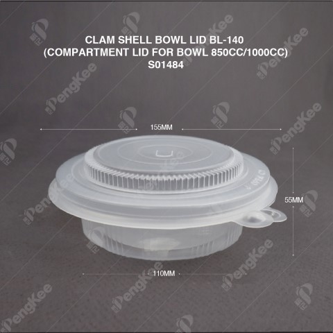 PP CLAM SHELL BOWL LID BL-140 (COMPARTMENT LID FOR BOWL 850CC/1000CC) (100'S/PKT)