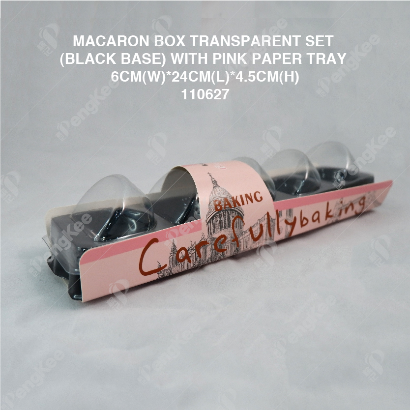 MACARON BOX TRANSPARENT SET (BLACK BASE) WITH PINK PAPER TRAY 6CM(W)*24CM(L)*4.5CM(H)(CM)100'S