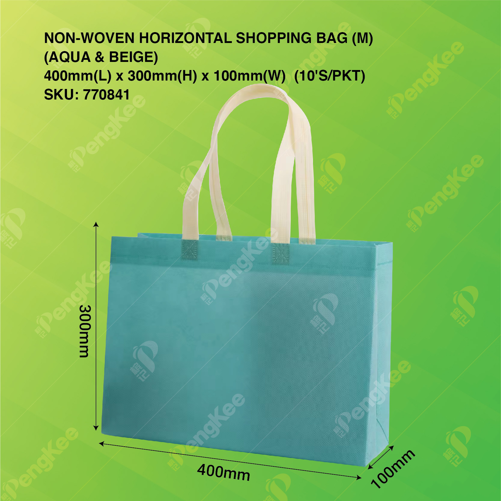 NON-WOVEN HORIZONTAL SHOPPING BAG (M) 40CM(L)*30CM(H)*10CM(W) (AQUA & BEIGE) (200'S/CTN)