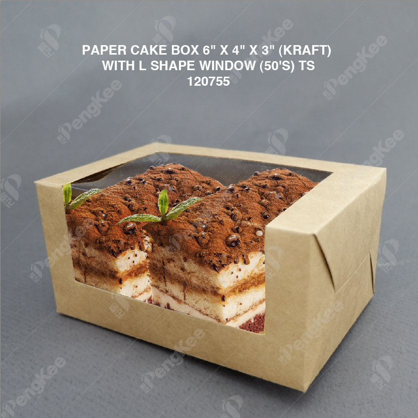 PAPER CAKE BOX 6" X 4" X 3" (KRAFT) WITH L SHAPE WINDOW (50'S) TS