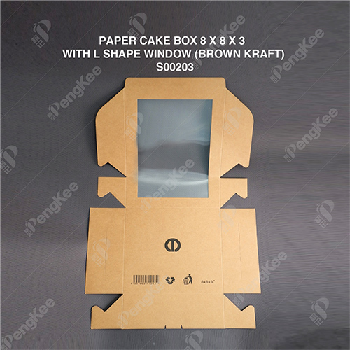 PAPER CAKE BOX 8 X 8 X 3  WITH L SHAPE WINDOW (BROWN KRAFT) (50'SPKT) (100'SBDL) 