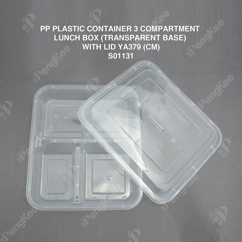 PP PLASTIC CONTAINER 3 COMPARTMENT LUNCH BOX (TRANSPARENT BASE) WITH LID YA379 (CM) (50'S X 3PKT/CTN)