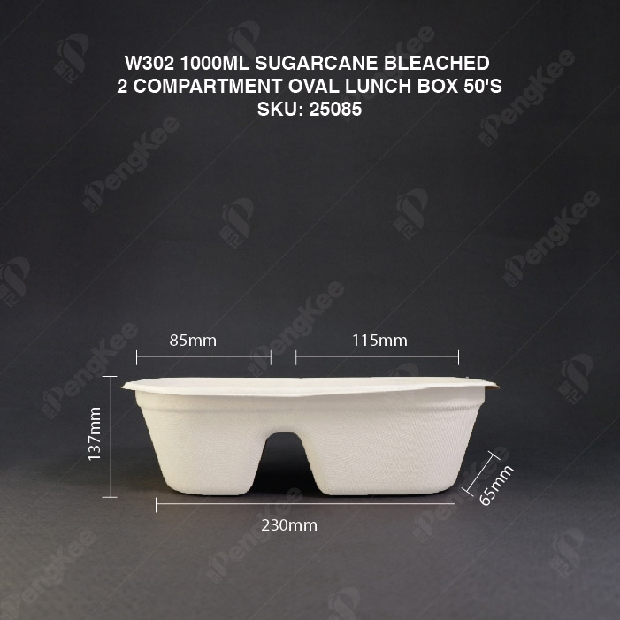 W302 1000ML SUGARCANE BLEACHED 2 COMPARTMENT OVAL LUNCH BOX