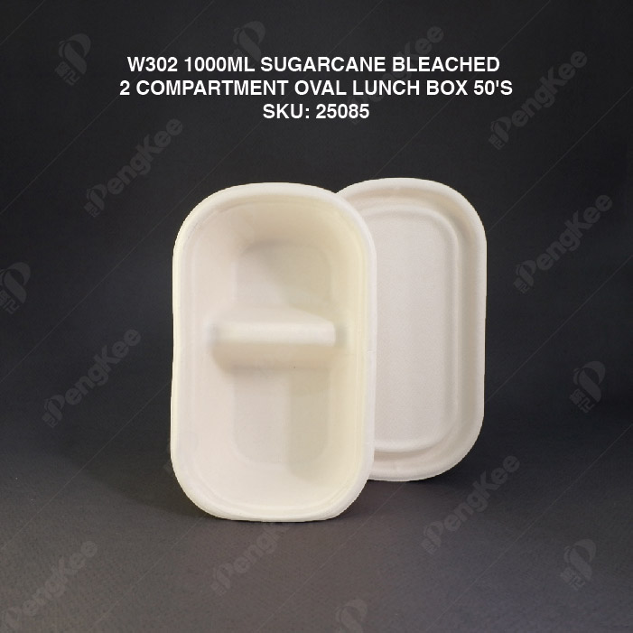 W302 1000ML SUGARCANE BLEACHED 2 COMPARTMENT OVAL LUNCH BOX