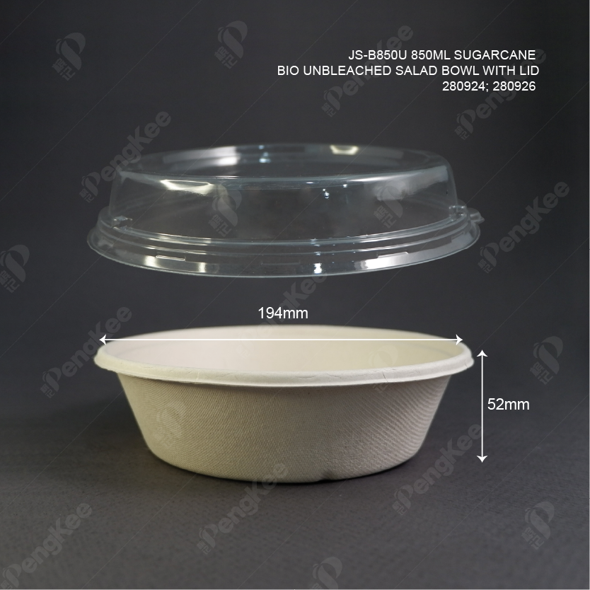 JS-B850U 850ML SUGARCANE BIO UNBLEACHED SALAD BOWL WITH LID
