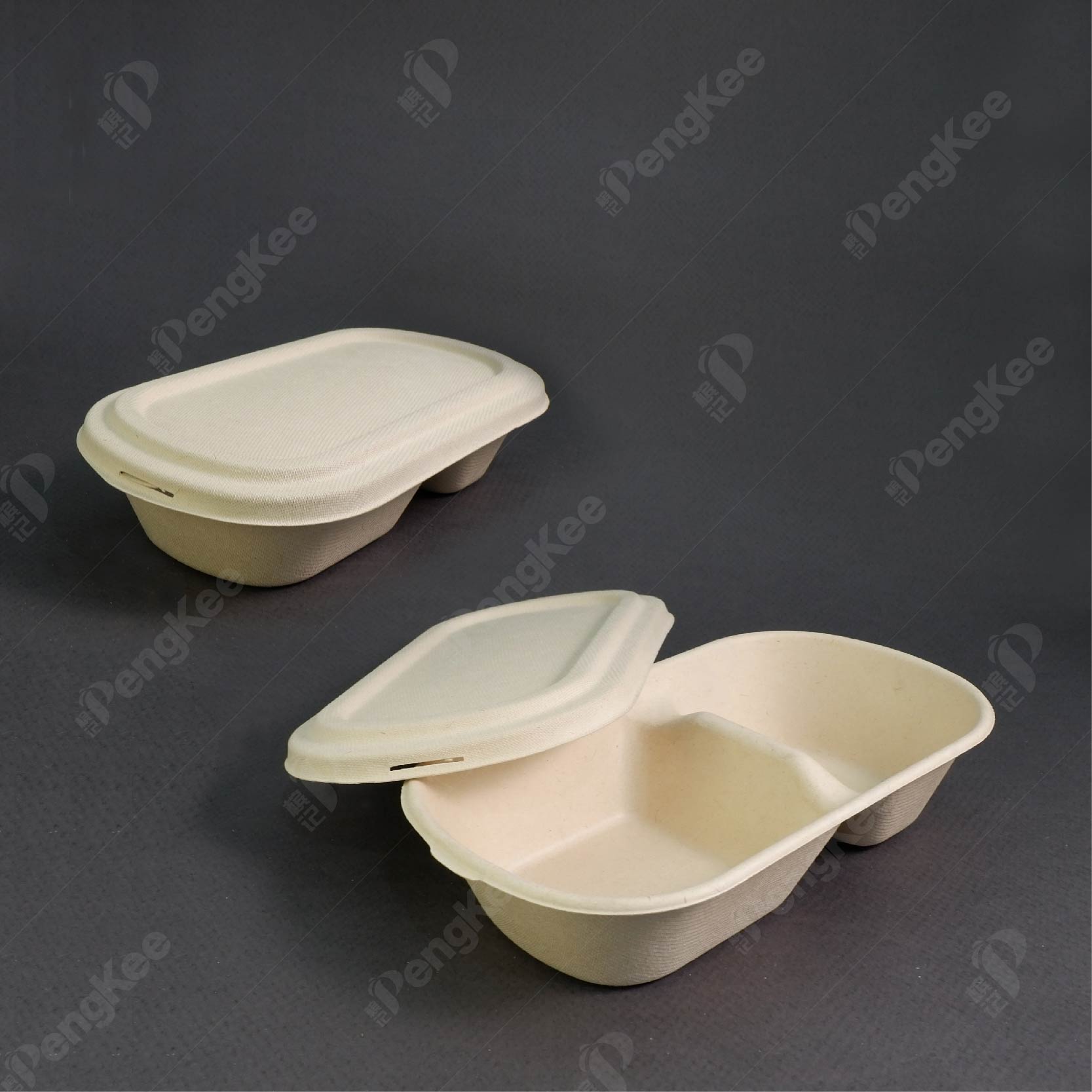 BH-02 850ML SUGARCANE UNBLEACHED  2 COMPARTMENT SNACK BOX WITH LID