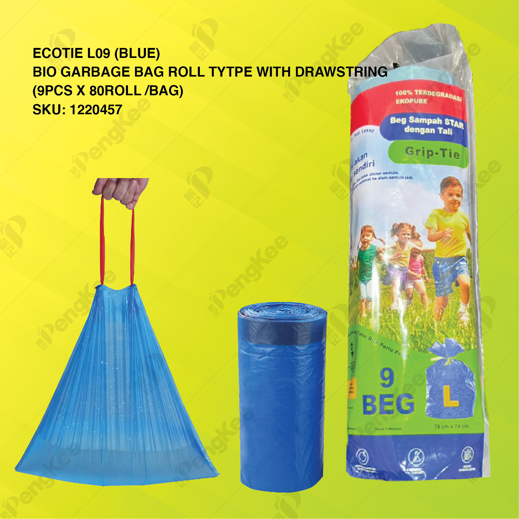 ECOTIE L09 ( BLUE ) BIO GARBAGE BAG ROLL TYTPE WITH DRAWSTRING ( 9PCS X 80ROLL/BAG )