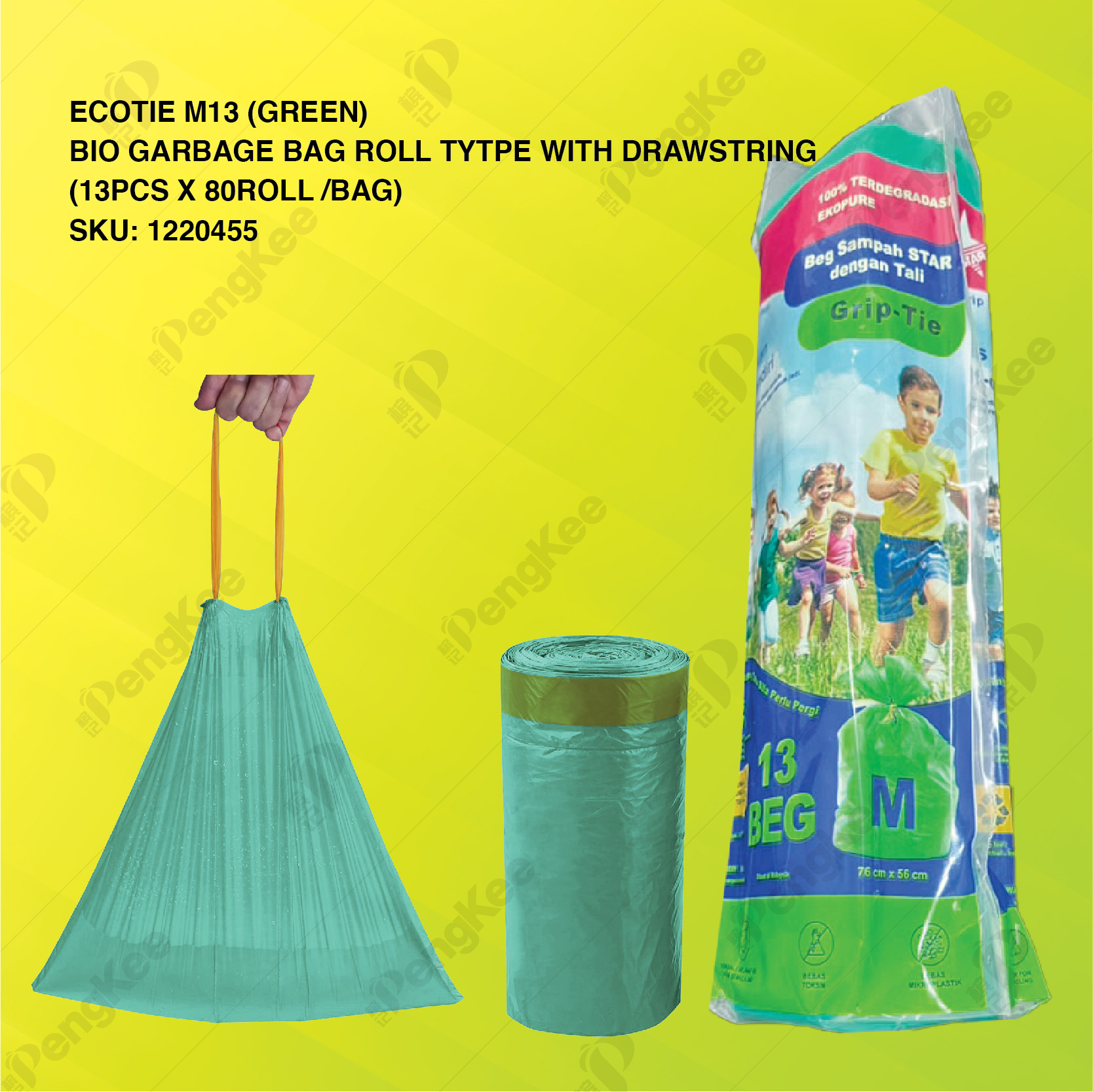ECOTIE M13 ( GREEN ) BIO GARBAGE BAG ROLL TYTPE WITH DRAWSTRING ( 13PCS X 80ROLL/BAG )