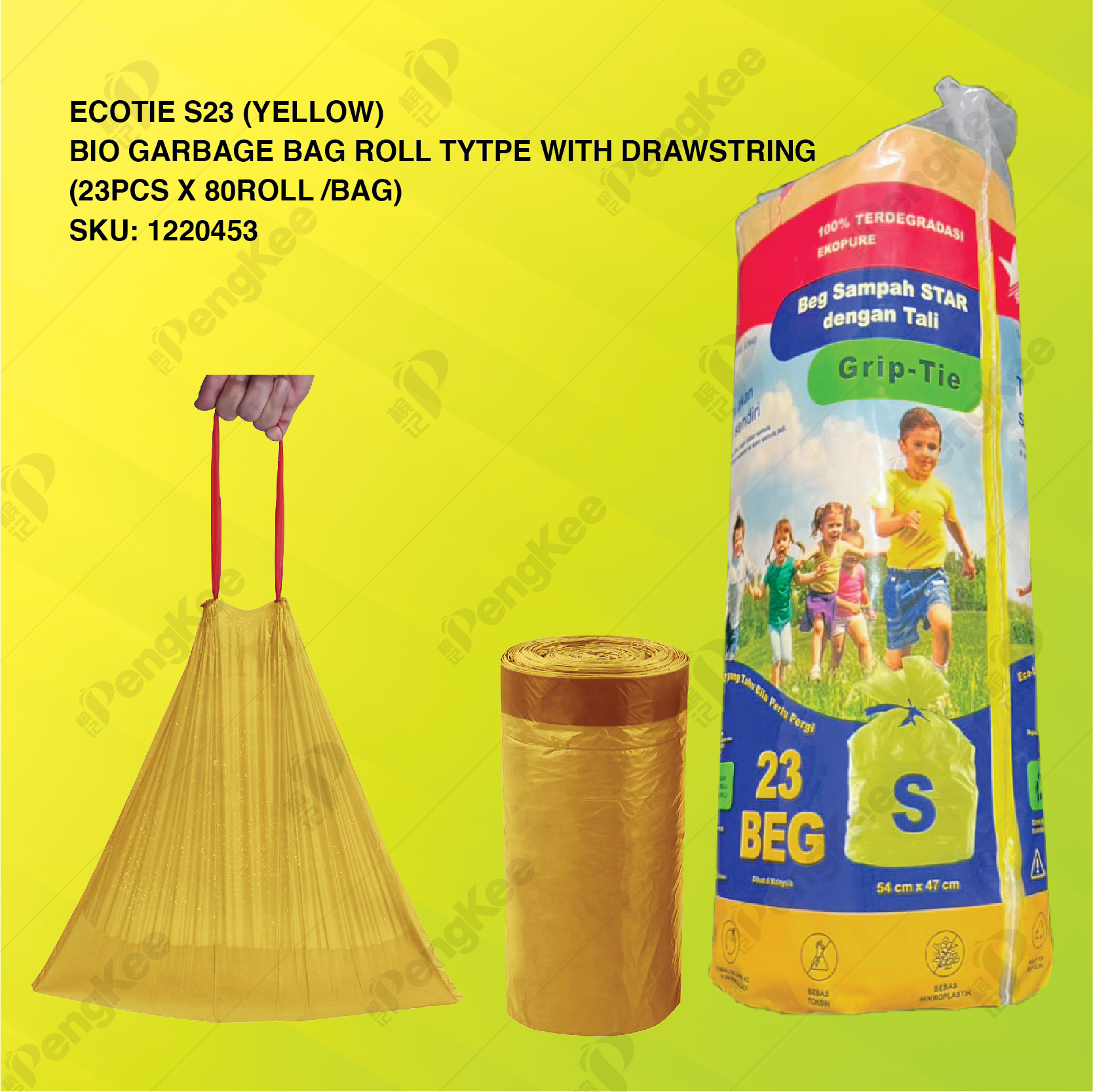 ECOTIE S23 ( YELLOW ) BIO GARBAGE BAG ROLL TYTPE WITH DRAWSTRING ( 23PCS X 80ROLL/BAG )