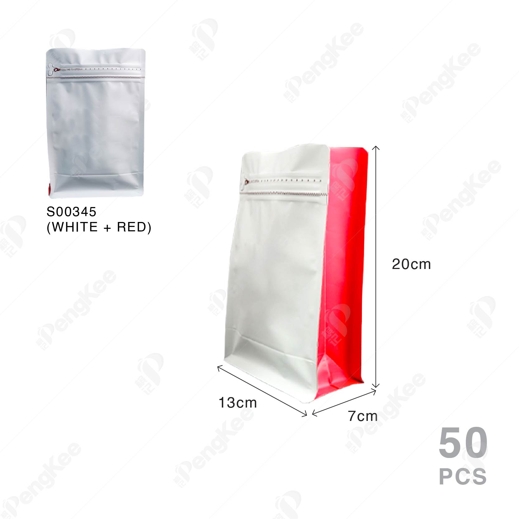 MATTE ALUMINIUM FOIL SQUARE BOTTOM GUSSETED ZIPLOCK COFFEE BAG  (WHITE + RED) 12C X 13CM X 20CM +7CM (250g) (50'S) 哑光膜镀铝站立八边侧拉链袋（无气阀） (白+红）