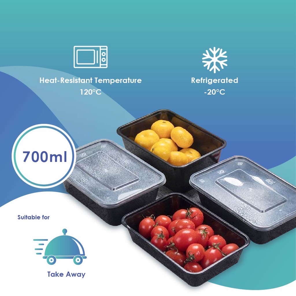 PLASTIC CONTAINER LUNCH BOX 700ML BLACK (RECTANGULAR) YA392 (CM) (50'S X 6PKT)