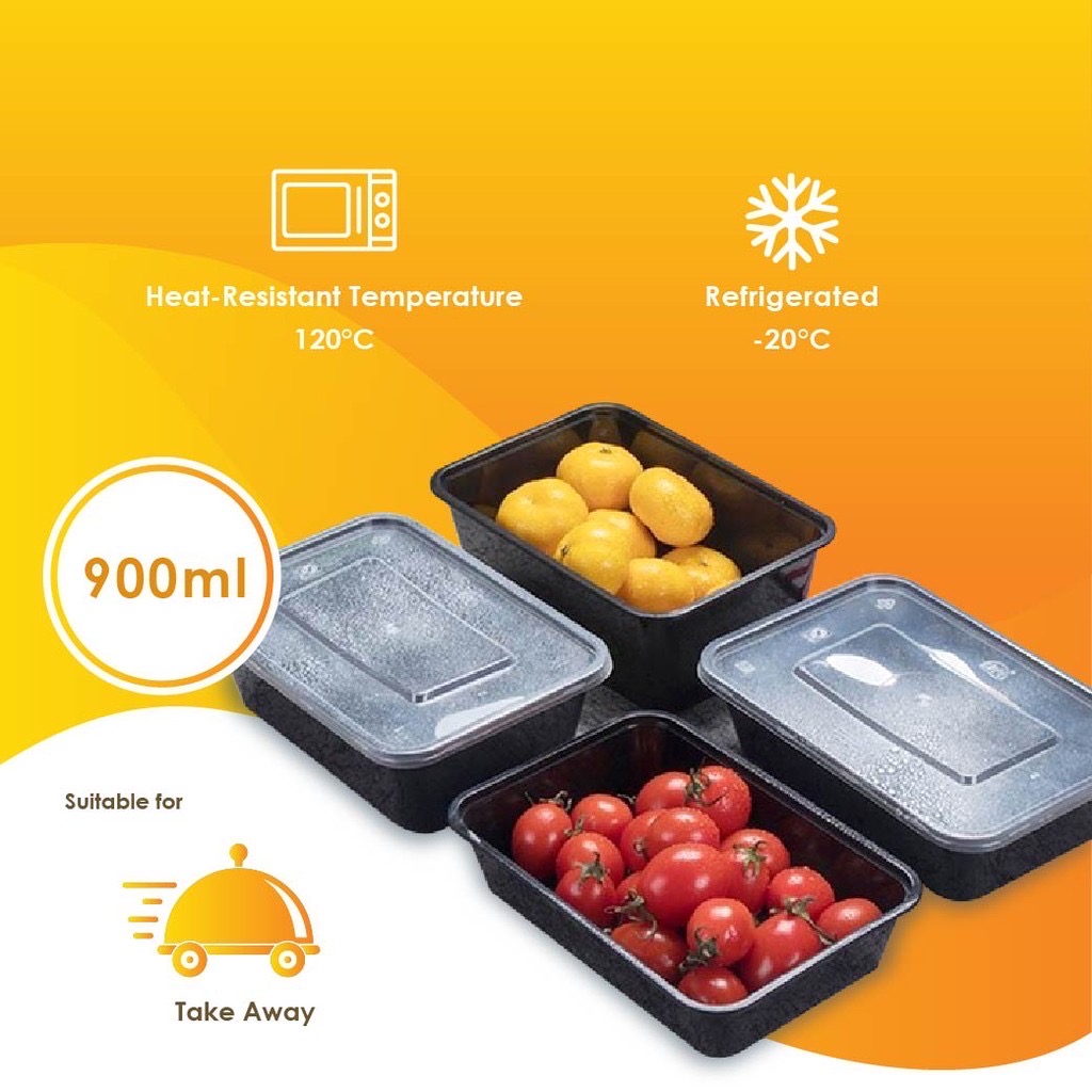 PLASTIC CONTAINER LUNCH BOX 900ML BLACK (RECTANGULAR) YA387 (CM) (50'S X 6PKT)