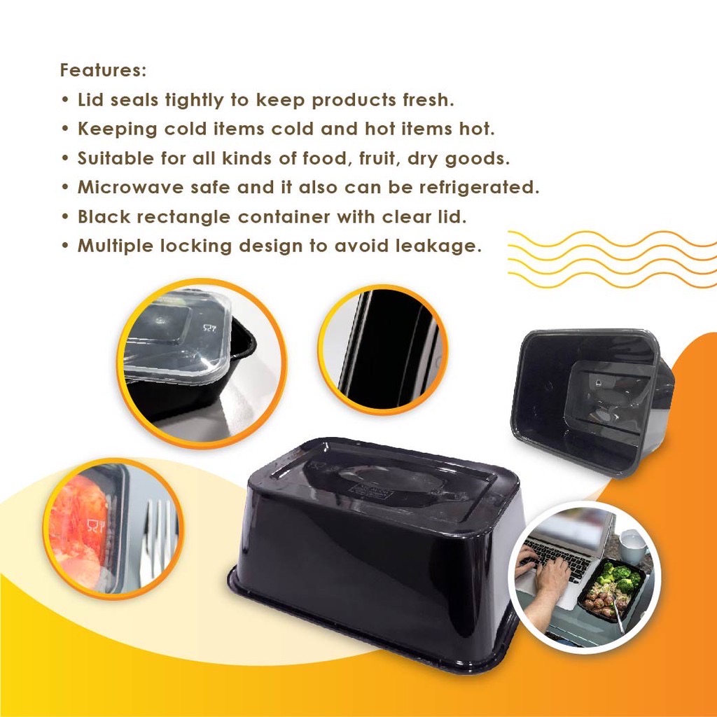 PLASTIC CONTAINER LUNCH BOX 900ML BLACK (RECTANGULAR) YA387 (CM) (50'S X 6PKT)