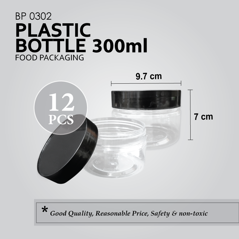 BP0302 300ml (round 96mm) PLASTIC BOTTLE C/W SCREW LID (BLACK) (12'S) (132'S/BAG)