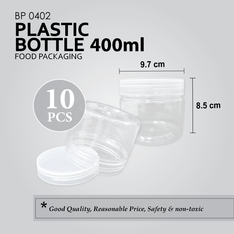 BP0402 400ml (round 96mm) PLASTIC BOTTLE C/W SCREW LID (CLEAR) (10'S) (120'S/BAG)