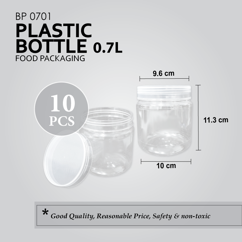 BP0701 0.7L (round 96mm) PLASTIC BOTTLE C/W SCREW LID (CLEAR) (10'S) (100'S/BAG)