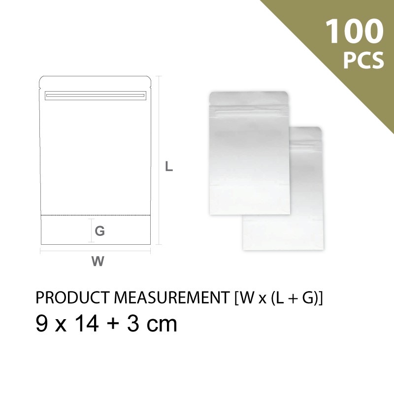 WHITE PAPER METALLIZED FOIL STAND UP ZIP LOCK BAG 9CM X 14CM + 3CM 白皮纸站立自封 (内层铝箔膜) (100'S)