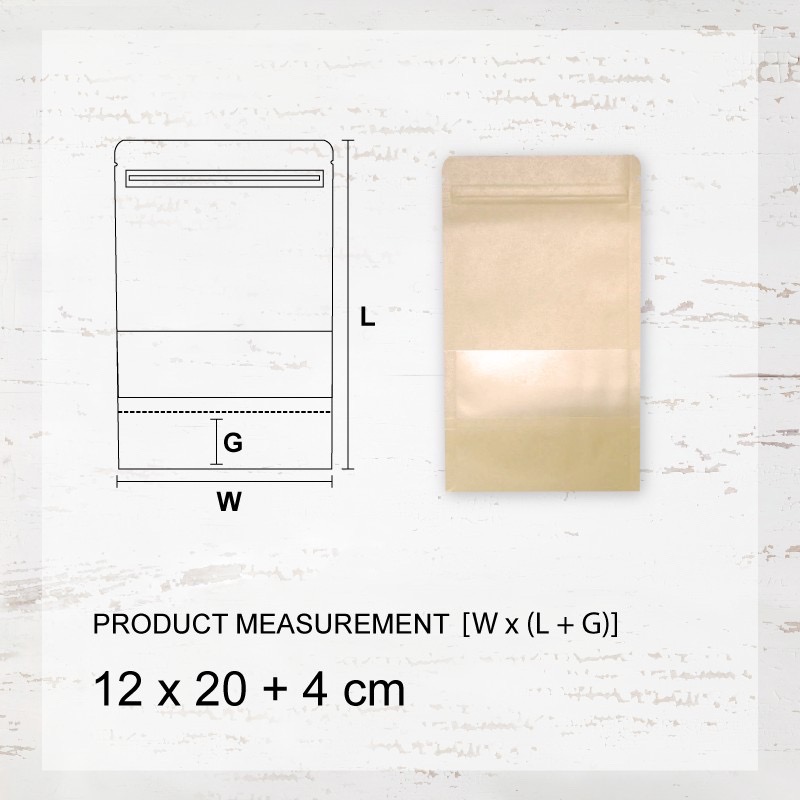 KRAFT PAPER STAND UP ZIP LOCK BAG W/(rectangular) FROSTED WINDOW 12CM X 20CM + 4CM 黄牛皮纸磨砂开窗(长方形)站立自封袋 (100'S/PKT)