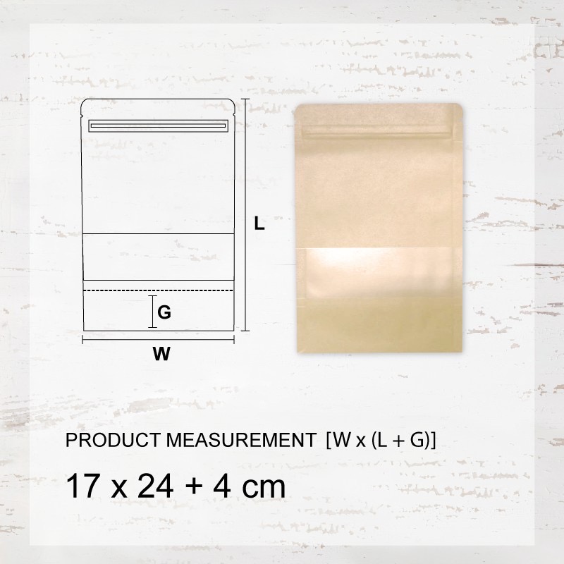 KRAFT PAPER STAND UP ZIP LOCK BAG W/(rectangular) FROSTED WINDOW 17CM X 24CM + 4CM 黄牛皮纸磨砂开窗(长方形)站立自封袋 (100'S/PKT)