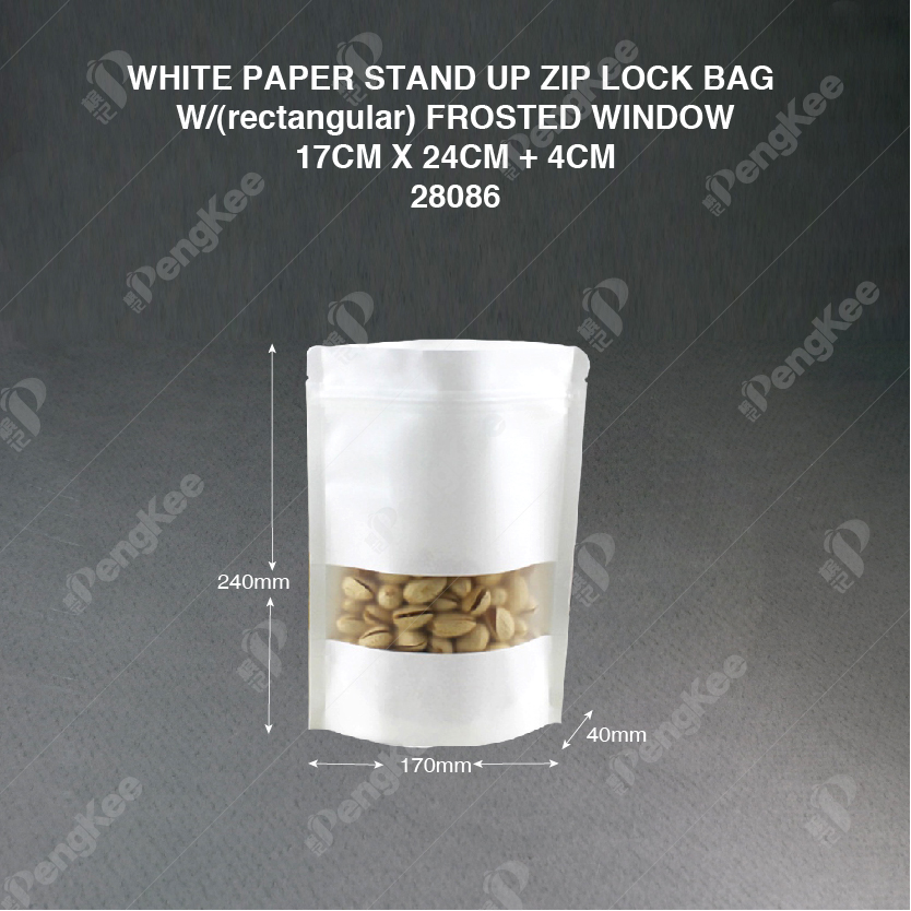WHITE PAPER STAND UP ZIP LOCK BAG W/(rectangular) FROSTED WINDOW 17CM X 24CM + 4CM(CM) (100'S/PKT)