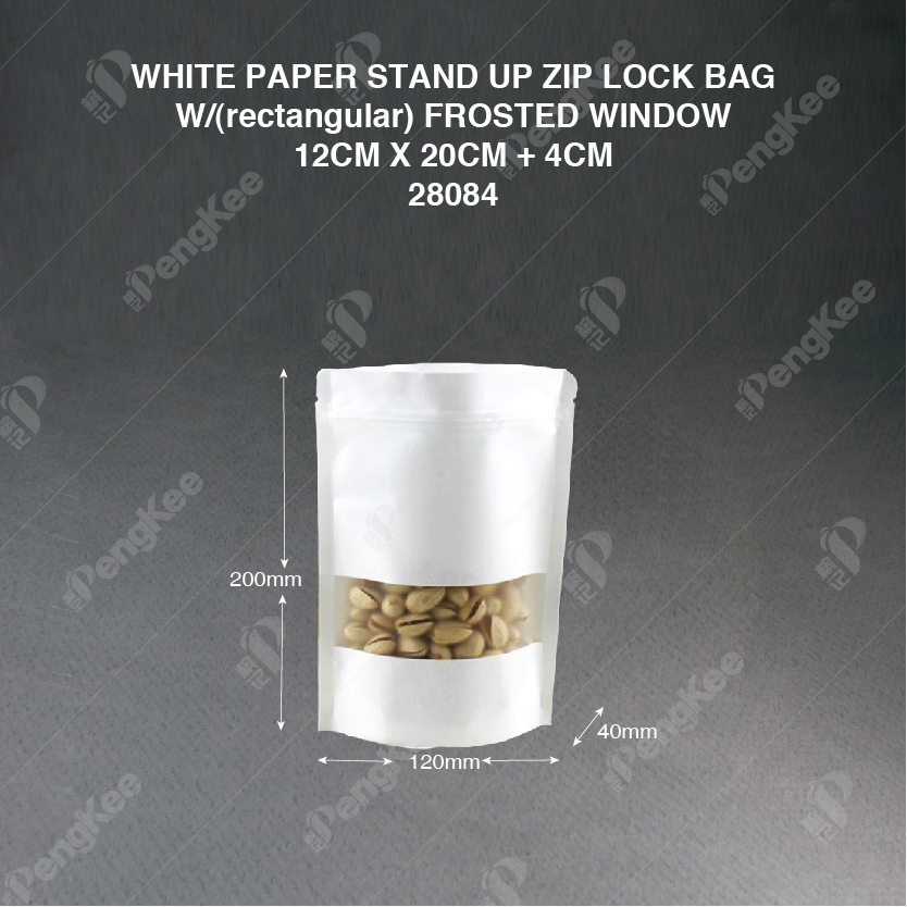WHITE PAPER STAND UP ZIP LOCK BAG W/(rectangular) FROSTED WINDOW 12CM X 20CM + 4CM(100'S/PKT)