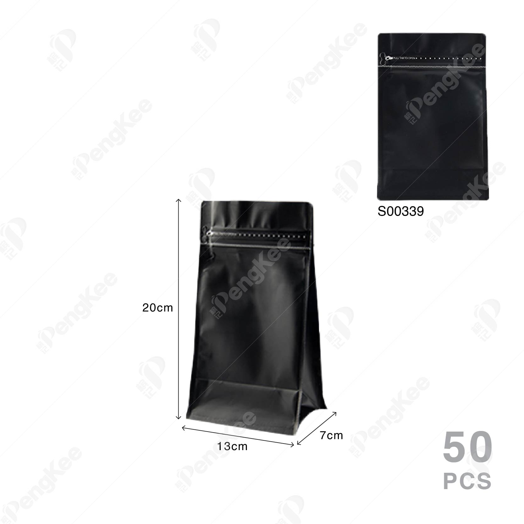 MATTE ALUMINIUM FOIL SQUARE BOTTOM GUSSETED ZIPLOCK COFFEE BAG (BLK) 12C X 13CM X 20CM +7CM (250g) (50'S)